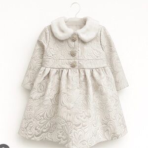 Blueberi Boulevard Ivory Textured Floral Dress Coat with Faux Fur Collar